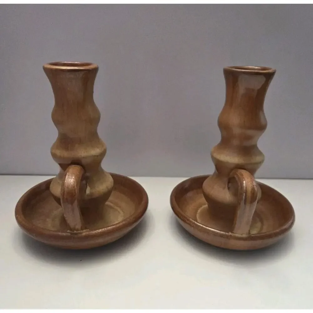 Vintage Studio Pottery Chamberstick Candle Holders Pair Brown Glazed Stoneware